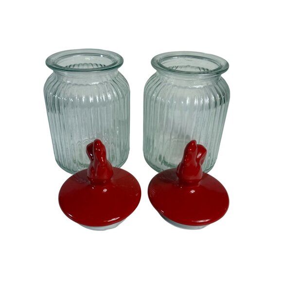 Rustic Red Rooster Glass Jars Set of 2 Ribbed Airtight Lid Farmhouse Kitchen VTG - Picture 7 of 14